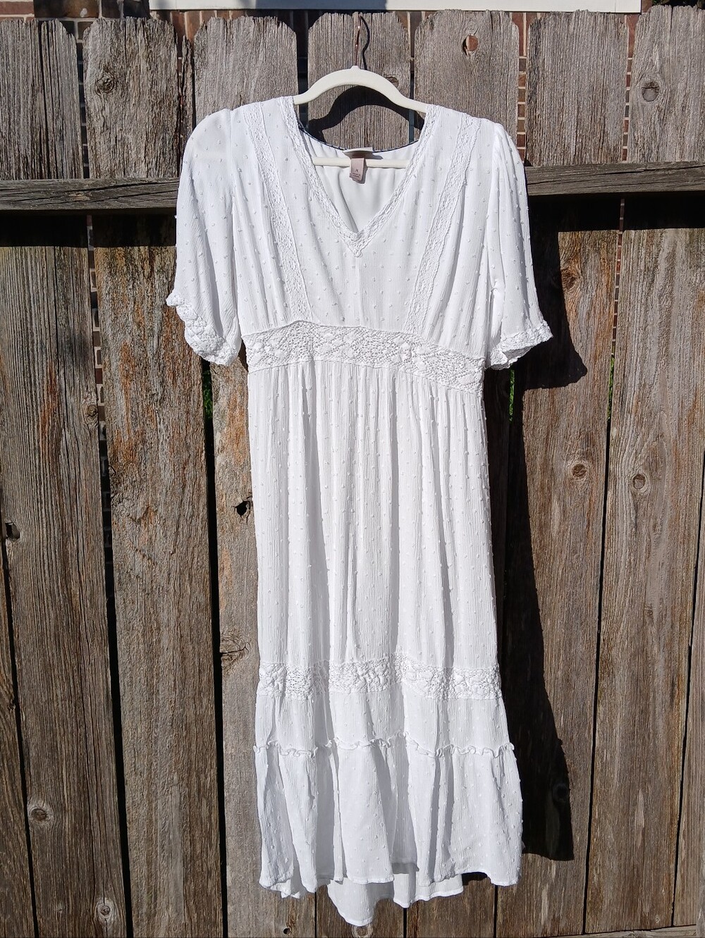 Knox Rose White Boho Dress Sz M White Chenille Dots Crochet Lace Accents